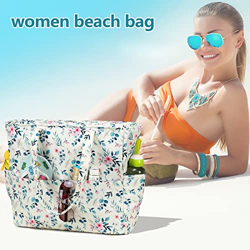 Ledaou Beach Bag Waterproof Sandproof Women Tote Bag Pool Bag With Zipper For Gym Grocery Travel With Wet Pocket (Floral) #TOP1