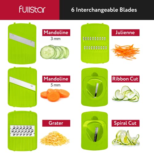 Fullstar-Mandoline-Slicer-for-Kitchen-Fruit-Cutter-Cheese-Grater-Cucumber-Slicer-Veggie-Spiralizer-Food-Cutter-Kitchen-Gadgets-with-Safety-Glove-6-in-1-GrayGreen