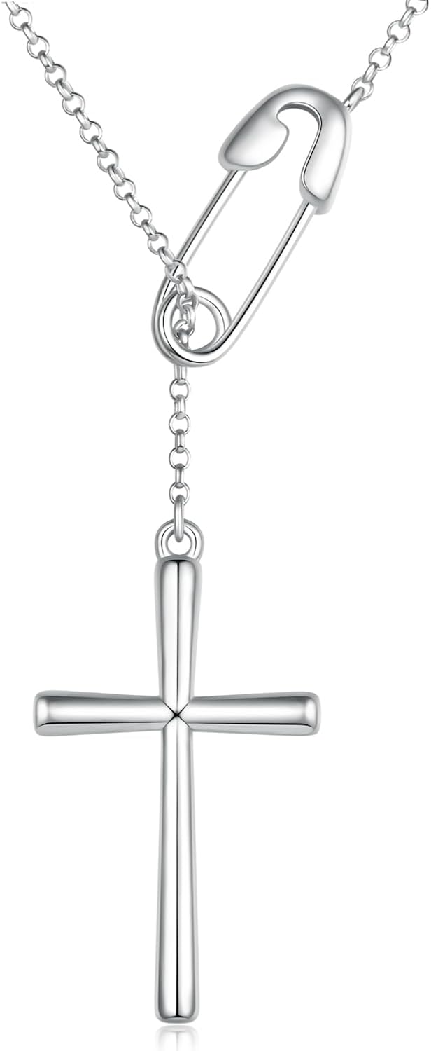 925 Sterling Silver Safety Pin Necklace Cross Christian Faith Jewelry Adjustable Link Y Necklace for Women Men Christians