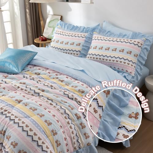 Image of A Nice Night Blue Ruffle 6 Pcs Boho Comforter Set,Queen