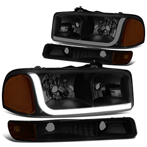 Image of DNA MOTORING Black smoked amber HL-LB-SIERRA99-BK-SM-AM 4PCs LED DRL Strip Headlight+Bumper Lamp Compatible with 99-07 GMC Sierra /Yukon