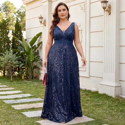 Image of Plus Size Formal Dresses for Women with Embroidery Sequin and V-Neck, A-Line Maxi Dress for Wedding and Cocktail