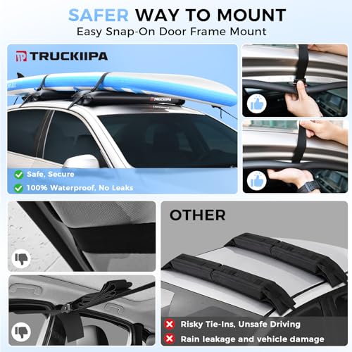 Image of Truckiipa Universal Soft Roof Rack Pads，2 Pcs Inflatable Roof Rack for Kayak Surfboard SUP Canoe, Reusable Heavy Duty Car Roof Racks System with Straps, Air Pump, Hood Loops and Storage Bag, 44inch