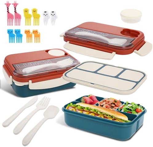 Bento box adult work lunch box, adult container, with 4 compartments, lunch container with cutlery ( knife, fork, spoon, sauce box), animal fruit fork, microwave and dishwasher safe, Orange Blue