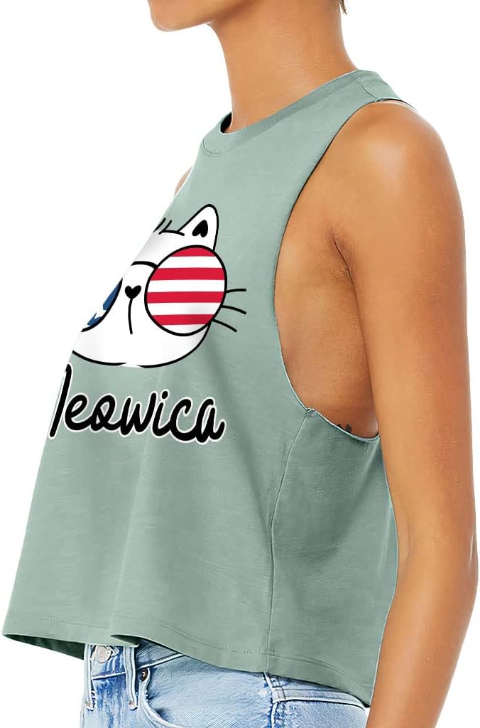American Flag Racerback Cropped Tank - Cat Print Women's Tank - Colorful Tank Top