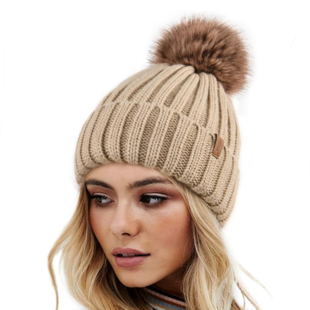 Furtalk Women's Khaki Winter Hats For Double Layer Fleece Line Beanie Hat With Bobble Pom Pom Hats