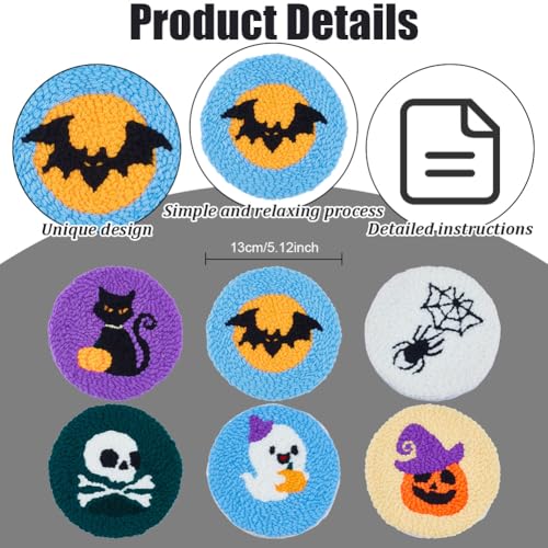 ORIGACH 6 Set Halloween Stanznadel Untersetzer Starter Kit für Anfänger mit Anleitung, DIY Punch Needle Handwerk Stickerei Kit mit Filz Garne Stanznadelstoff und Gebrauchsanweisung