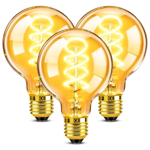Ampoule LED Edison E27 Vintage 4W Dimmable, Équivalent Incandescence 40W, Verre Ambré Blanc Chaud 2200K, Globe G80 Ampoule Rétro à Filament, Antique Lampe...