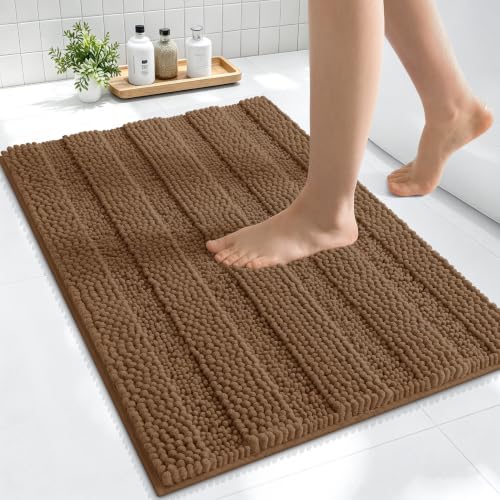 Image of Smiry Thick Small Chenille Bathroom Rugs 24x16, Extra Soft Absorbent Striped Bath Mat, Machine Washable, Rubber Backing, Bath Rugs for Bathroom, Tub & Shower, Modern Home Decor Accessories, Mocha