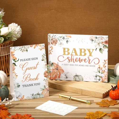 Image of Fuyoooo Little Pumpkin Baby Shower Guest Book Baby Shower Sign in Guest Book Reception with Sonogram Page Keepsake Includes Gold Pen Table Card and Adhesive Photo Corner for Birthday