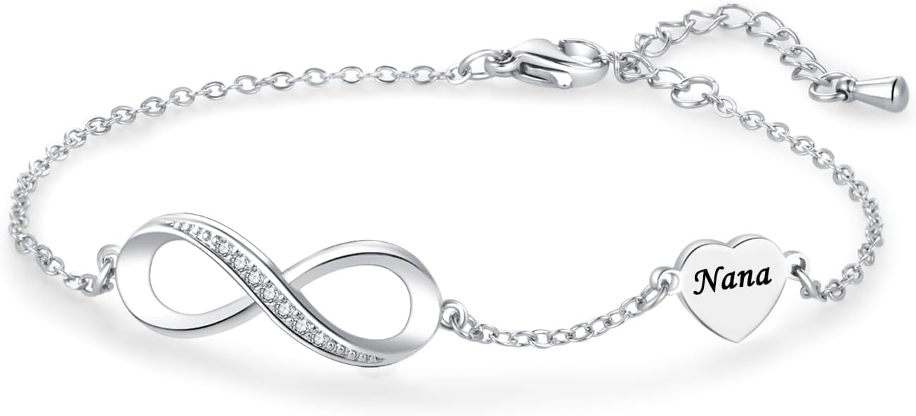 Silver Infinite Family Love Heart Bracelets Christmas Birthday Jewelry Gift for Women Auntie Daughter Mum Granddaughter Adjustable Stainless Steel Bracelets