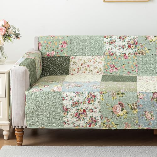 vctops Boho Patchwork Cotton Quilted Couch Cover for 3 Cushion Couch Floral Print Sofa Cover for Dogs Non Slip Backing Washable Furniture Protector with Elastic Strap for Pet Cat (Green,Sofa)