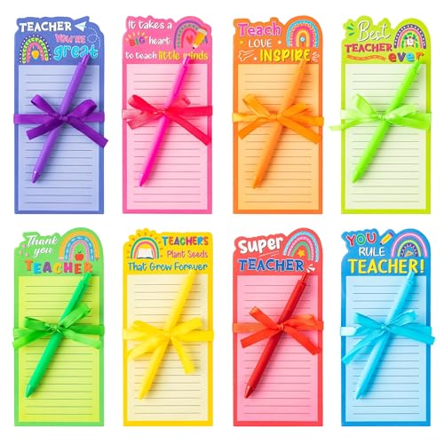 ANGOLIO Teacher Appreciation Notepads with Pens - Thank You Gifts 24Pcs Boho Ranibow Lined to Do List Sticky Notes Pens Appreciation Gift for Teacher Student Office Birthday Back to School Supplies