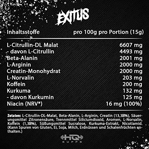 Foto von EXITUS - Extreme Pre Workout Booster mit Creatin, Koffein, L-Citrullin, Beta Alanin, Niacin, Arginine und L-Norvalin