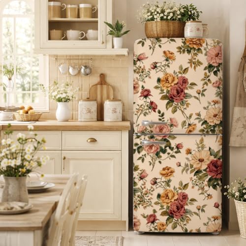 GOMAKERER 2 autocollant Amovible pour Réfrigérateur Motif Floral Beige Vintage Sticker Mural Autocollant en Vinyle à Motif de Rose pour Porte de Congélateur pour la Cuisine Ou du Bar, 41.5x200cm