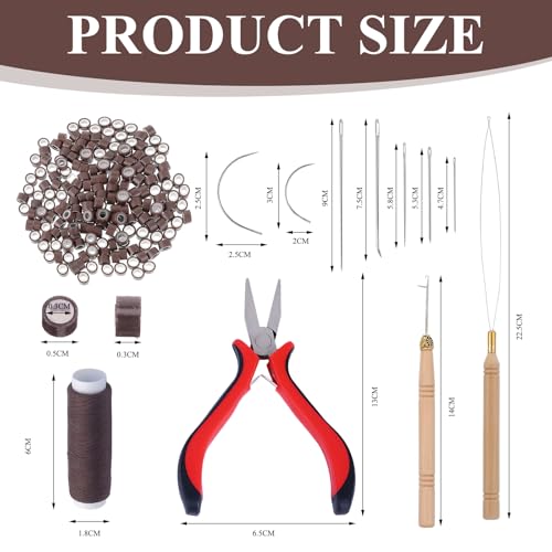 Microring Extensions Echthaar Set,Tressen Zubehör Set,Enthält 200 Stück Nanoringe Mit Silikon,1 Stück Extensions Zange,2 Häkelnadeln,1 Spule Nähmaschinengarn,7 Nadeln,Braun