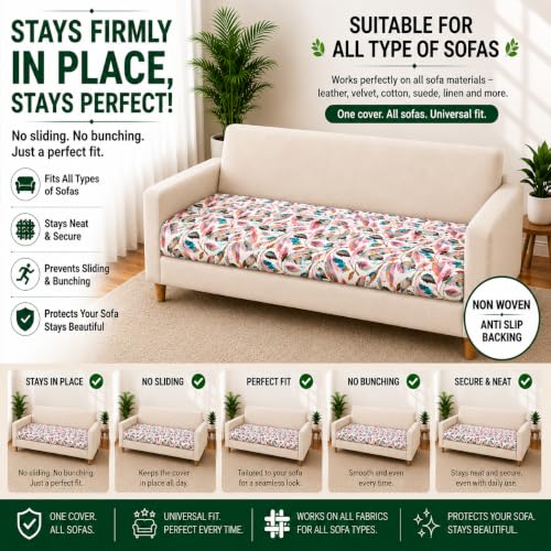 Image of Homerz Premium Printed Quilted Velvet Sofa Slip Cover Protector with Tassels, Sofa Mat, Exact Size, Antislip Cover (Multileaf, 3 Seater, Half)