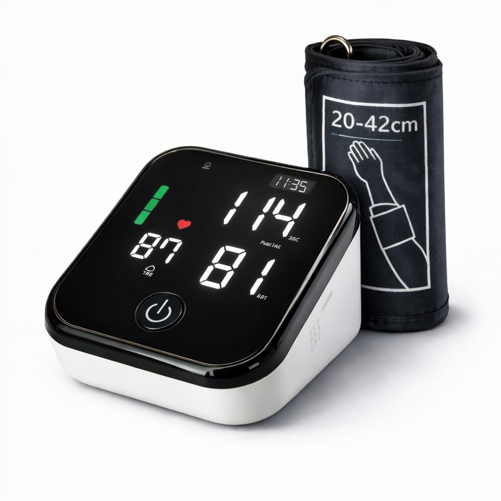 IEA Medical Blutdruckmessgerät Oberarm - Kratzfestes LED-Display, Präzise Messung, 2x99 Speicher, Arrhythmie-Warnung, Ampel-Farbskala, Manschette 22-42cm, USB-C