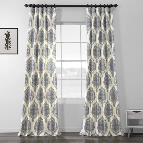 Image of Half Price Drapes PRTW-D37-120 Printed Cotton Twill Curtain, Arabesque Blue