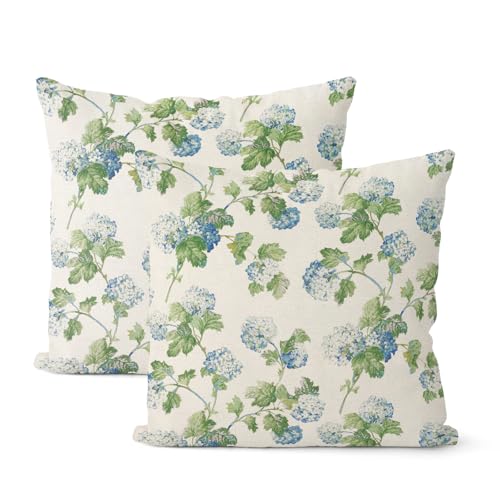 Blue Green Floral Pillow Covers 20x20 Inch 2 Pcs Vintage Flower Decor Throw Pillows Hydrangea Seasonal Spring Summer Outdoor Farmhouse Decoration Pillowcase Linen Cushion Cover for Couch Sofa Bed