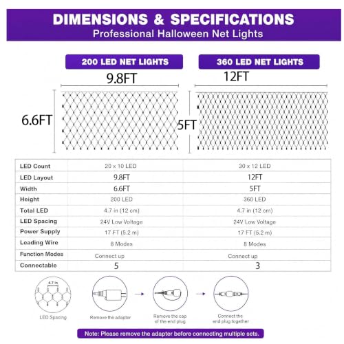 Image of Dazzle Bright Halloween 360 LED Net Lights, 12FT x 5FT Connectable Waterproof String Lights Clear Wire with 8 Modes, Halloween Decorations for Indoor Outdoor Party Yard Garden Decor, Purple & Orange