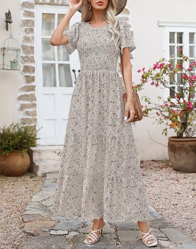 Image of Kranda Women 2025 Summer Fall Crewneck Short Sleeve Smocked Floral Maxi Dress