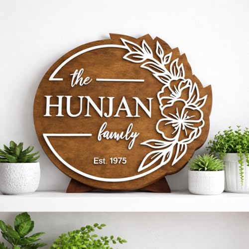 Image of Personalized Wooden Name Plate, Monogram Family Sign with Couples Names, Custom Name Sign, Established Date Plaque (30 x 30 cm)