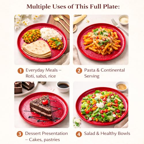 Image of MARKET 99 Melamine Dinner Plates Set of 6 Red Hammered Design | Round Serving Plates for Kitchen Dining Tableware | Lightweight Durable Food Plates for Daily Use, Party Serving, & Buffet