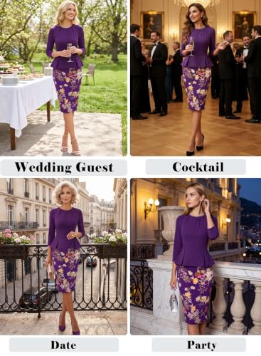 Image of VFSHOW Womens Pleated Crew Neck Peplum Slim Work Business Bodycon Dress | 3 /4 Sleeves, Professional Elegant Church, Funeral, Spring Fall, Fitted Office Pencil Sheath Dress