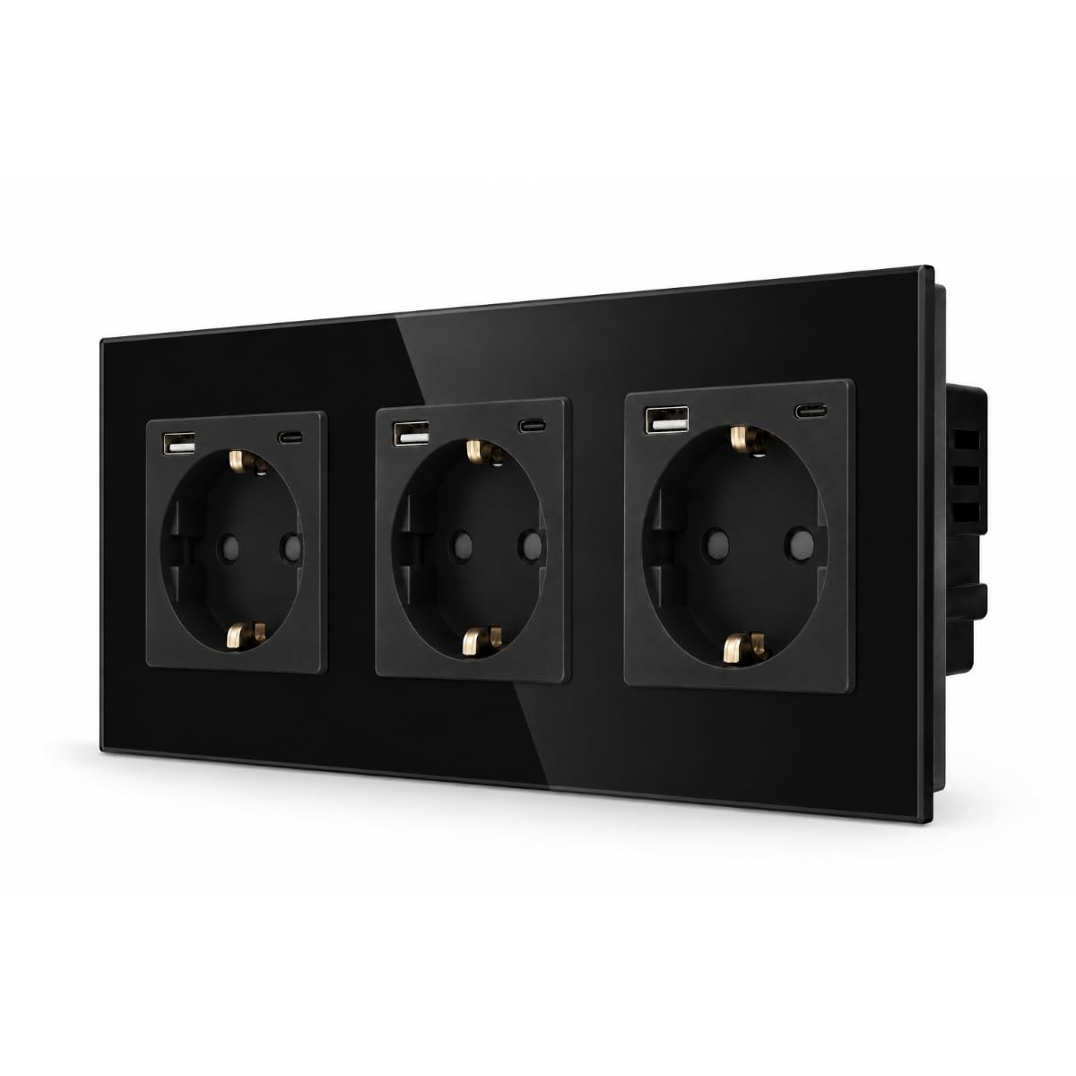Triple prise de courant - Noir - USB A+C 20W - Verre cristal