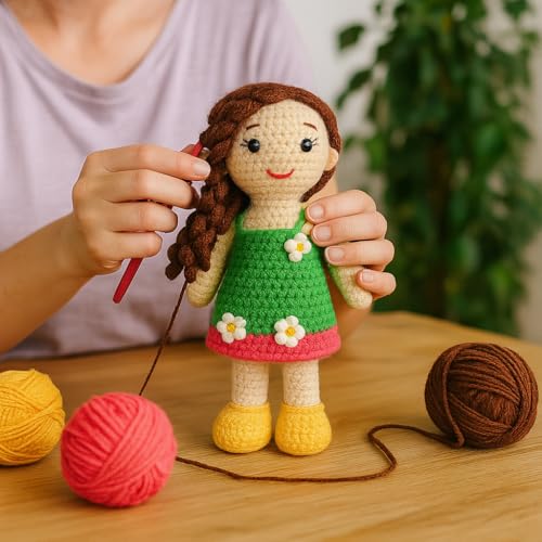 Image of Sutra Handmade Crochet Doll with Green Dress & Flowers | Amigurumi Wool Plush Toy | Soft Gift for Kids, Nursery & Home Decor