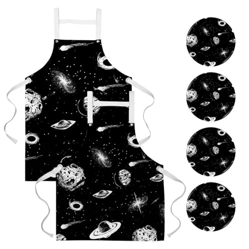 Lot de 2 tabliers de cuisine motif espace avec broches pour restaurant et bistrot
