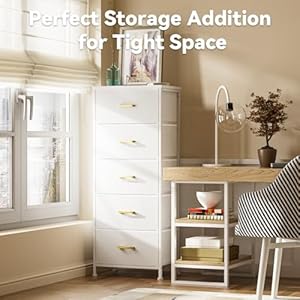 White Tall Dresser for Bedroom with 5 Drawers for Closet Chest of Drawers with Metal Handle Leather Front Wood Top Dresser for Closet Living Room Nursery White