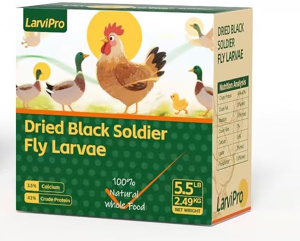 Dried Black Soldier Fly Larvae for Chickens, High-Calcium & High-Protein Poultry Treat, Non-GMO BSF Larvae for Laying Hens, Ducks & Wild Birds (11Pound)