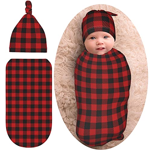 Image of Red Plaid Christmas Baby Stuff Newborn Swaddle Blanket Cute Wrap Blanket Soft Stretchy Sack with Beanie Hat Gifts for Boys Girls Infant