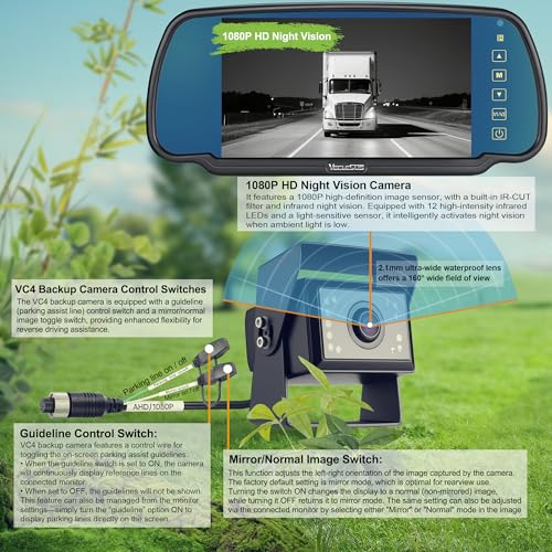 Image of Backup camere System for Truck, VECLESUS VBS 1080P 7-Inch Mirror Monitor Backup Camera System, HD IR Night Vision, Waterproof Rearview Camera,2 Video 2 Audio Inputs, for Trucks,RVs,Vans,SUVs and Cars