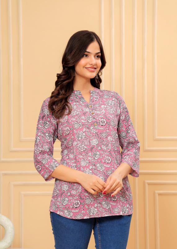 Image of Women's Cotton Printed Kurta Top | 3 /4 Sleeve Straight Kurti Casual Outings