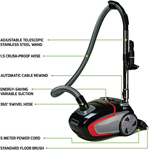 Ovente Electric Lightweight Canister Vacuum Cleaner With 3 Cleaning Tools For Hard Floor Carpet, Easy Clean & Storage, Bonus Of Pack Of 4 Dust Bags And 1 Filter, Black St1600B + Acpst16041 #TOP1