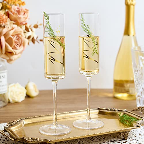 Image of AW BRIDAL 4Pcs Mr and Mrs Champagne Flutes with Gold Wedding Cake Knife