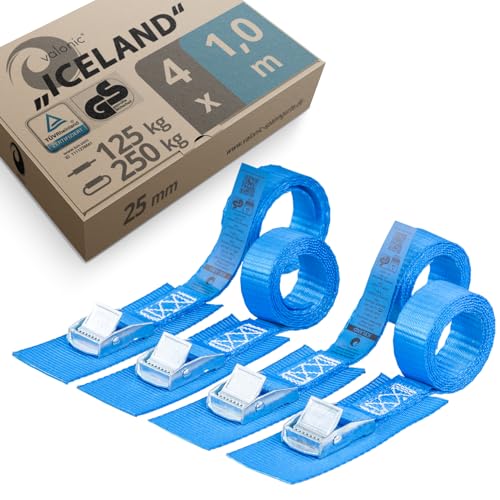 valonic Iceland - Kurze Spanngurte, TÜV Rheinl. / GS Zertifiziert, mit Pad, 1m, 25mm, 250kg, EN-12195-2 - 4 Stück Spanngurt m