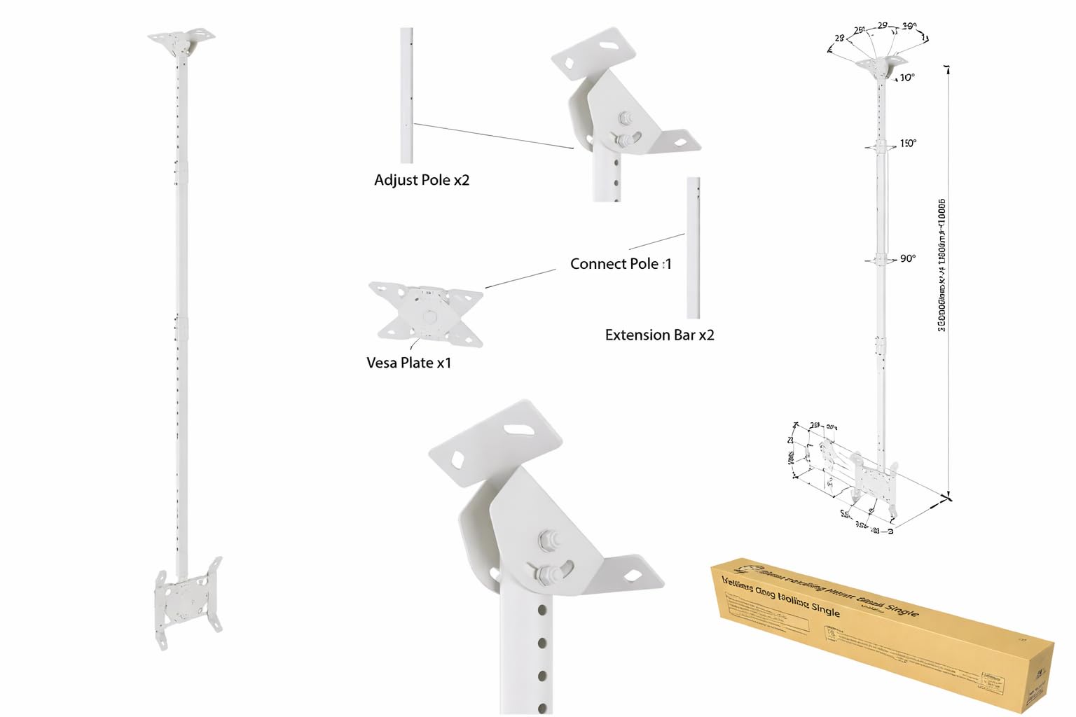 Multibrackets Ceilingmount Small Blanco 1500 | Soporte TV de Techo para Pantallas 10-43" | Altura Regulable 55-150 cm | VESA 200x200 | Giro ±30° Inclinación -5°/+15° | Platina 0-90°