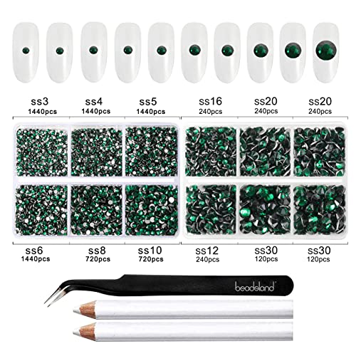 Image of Beadsland 8300PCS Flatback Rhinestones, Green Rhinestone Round Crystal Rhinestones for Crafts, Mixed 10 Sizes with Wax Pencil and Tweezer Kit, SS3-SS30, Emerald | Crystal Rhinestone Round, for Crafts Nails,With Wax Pencil and Tweezers Kit, SS3-SS30, Dark Green