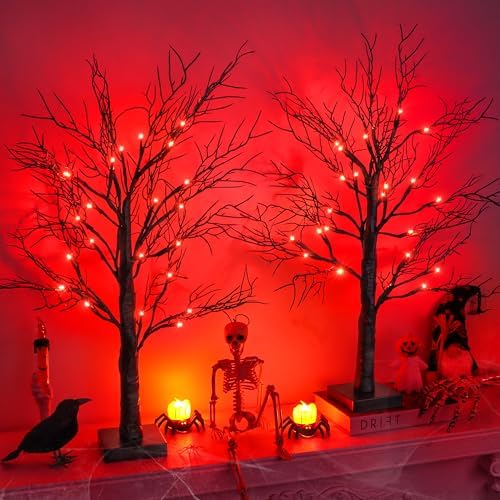 2 Pack 24 Inch Black Halloween Tree with 48 LED Orange Lights Ind...