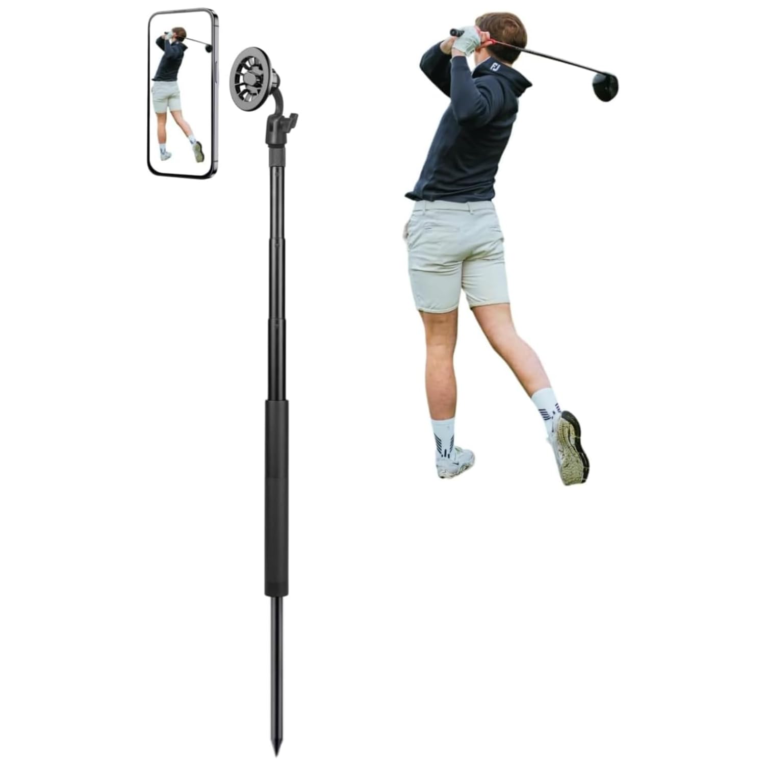 Palo de selfie monopié de golf con estaca de estaca de tierra, soporte para analizador de swing de palo de golf para selfie de golf, soporte magnético para teléfono de golf para grabar swing de golf