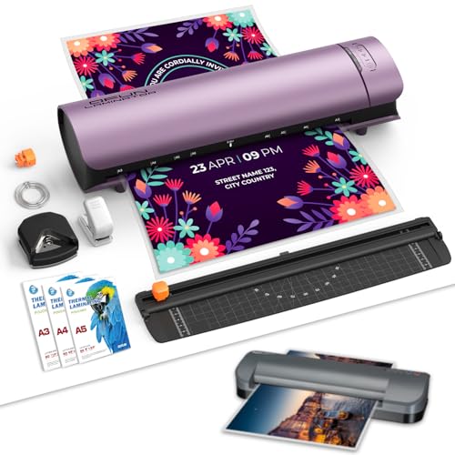 Plastificadora e Laminadora SL999 9 em 1 A3 Profissional 127V, Roxo, Com Corte, Cantos Arredondados, Encadernação e Modo Frio/Quente, Emplastificadora com Antiatolamento e Desligamento Automático