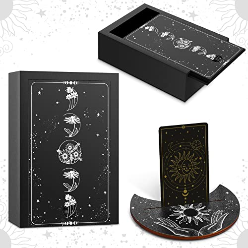 Yulejo Wooden Tarot Card Case and Stand Holder, Cards Box Fortune Telling Trinket Keepsake with Pendulum Board Moon Shape Altar Display for Witch (Novel Style)