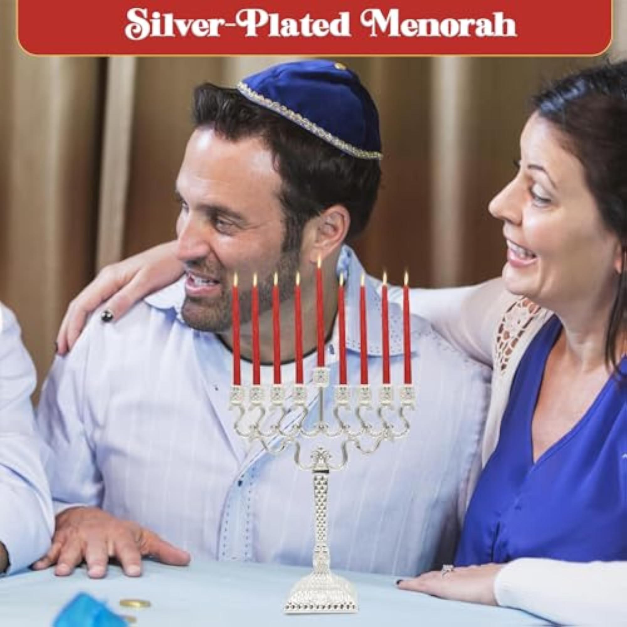 Silver-Plated Chanukah Candles Menorah, Beaded Design