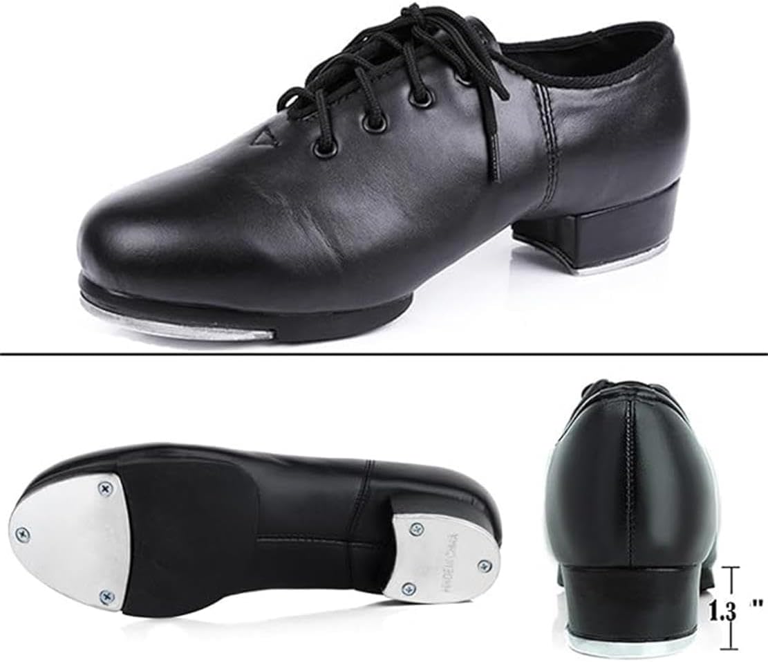 PPXID Unisex Kids Youth Boys Girls Black Tap Dance Shoes Lace-Up Heels Split Sole Jazz Dancing Shoes
