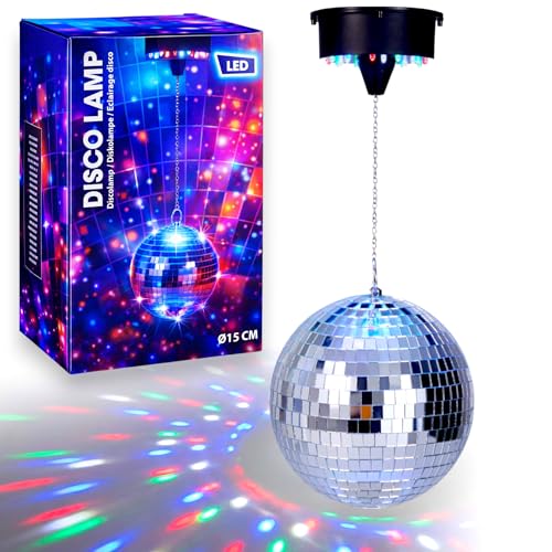 MIJOMA Disco Lamp Diameter 15 cm - Rotating Mirror Ball with 18 LED Lights - Battery Operated Motor with On/Off Switch - Party Light for Home
