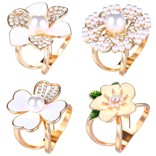 Image of Flower Scarf Ring, Scarf Clip Buckle for Women Camellia Four Leaf Clover Gardenia Pearl Shawl Brooch Decoration Accessories 4 PCS